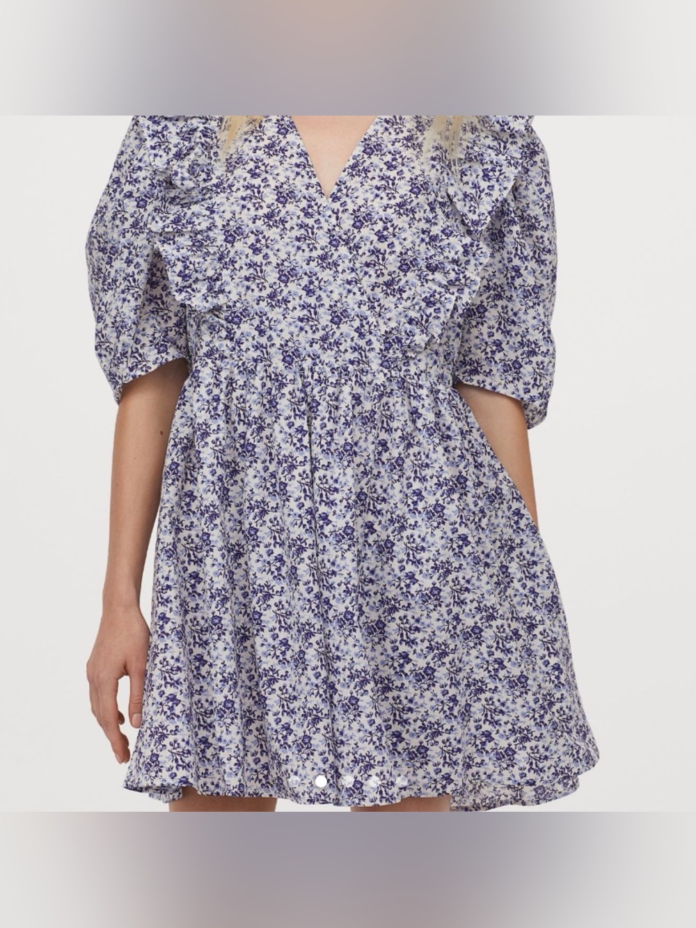 H&M Blue & White Floral Smocked Babydoll Mini Dress Size L